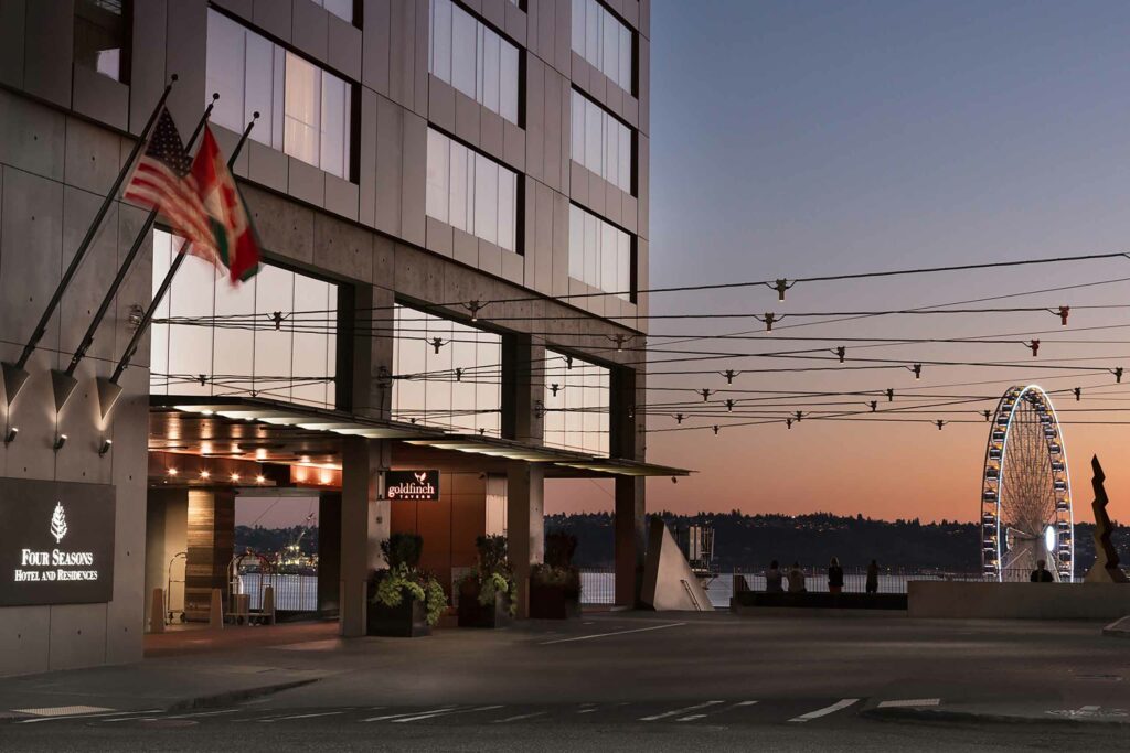 Four Seasons Seattle exterior at sunset