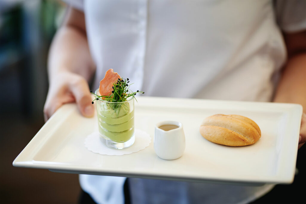 A chewing trainer and an avocado spread are served at the restaurant at VIVAMAYR Maria Wörth, Lake Wörthersee, Austria