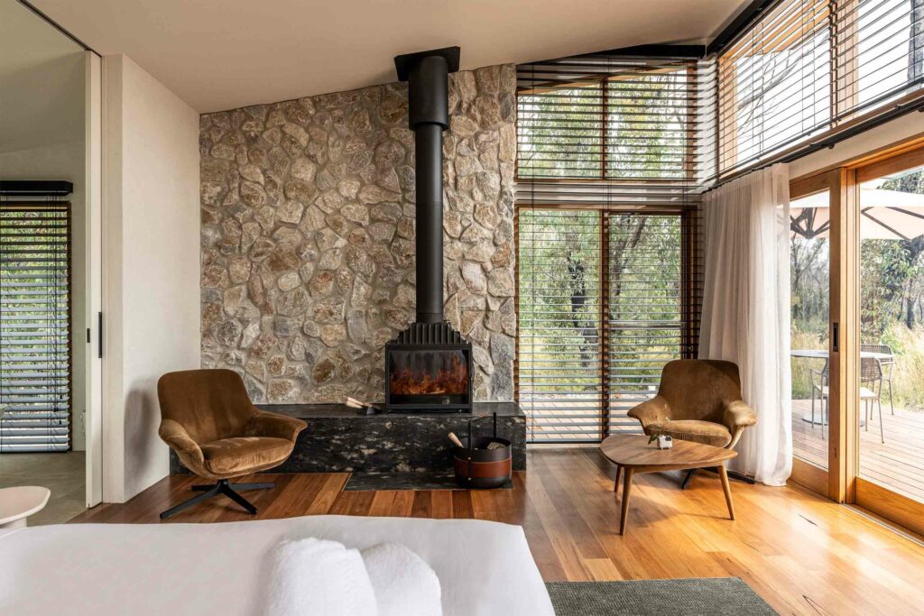 Fireplace inside a chalet at Chalets at Blackheath, Blue Mountains, Australia