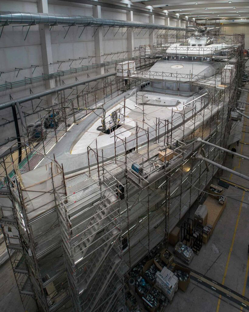 A CRN yacht by Ferretti Group during construction stage