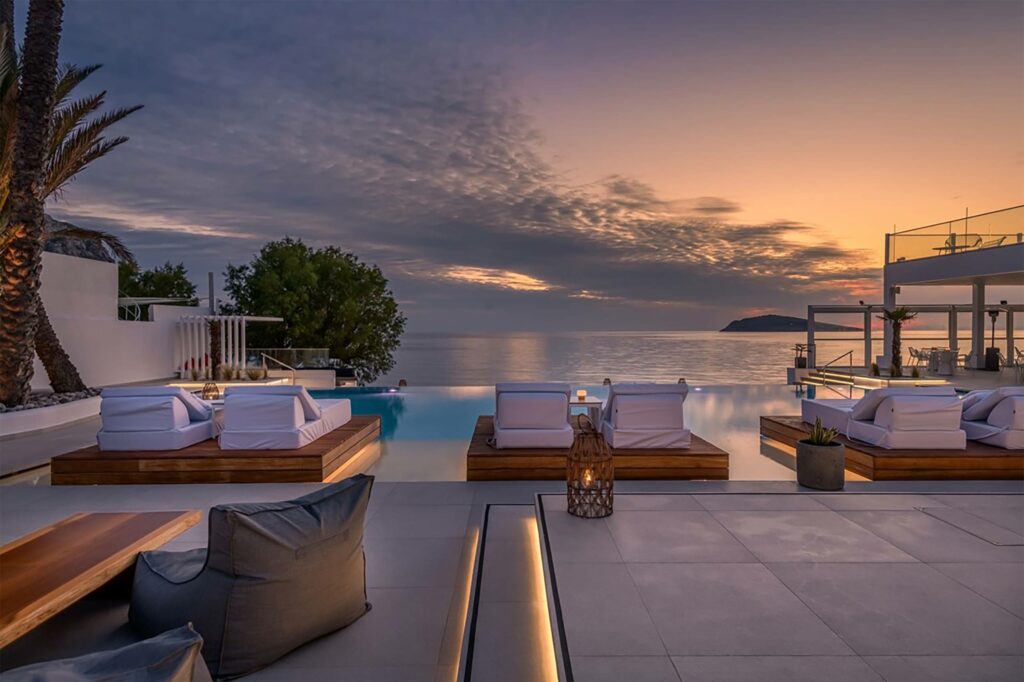 The sun sets over Kantouni Beach Boutique Hotel, Kalymnos, Greece