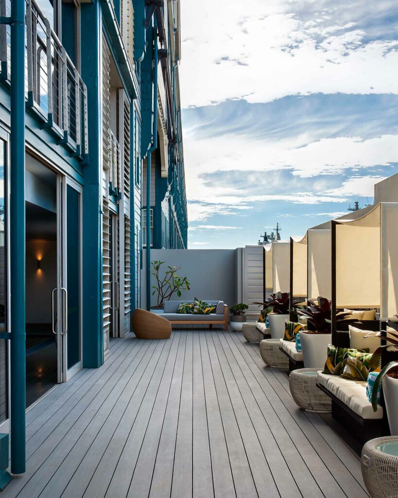 Outdoor loungers at Ovolo Woolloomooloo, Sydney, Australia