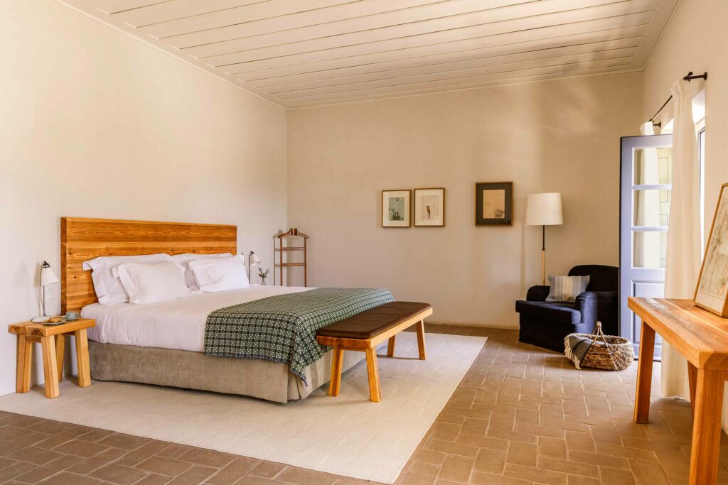 A minimalistic bedroom at São Lourenço do Barrocal, Alentejo, Portugal