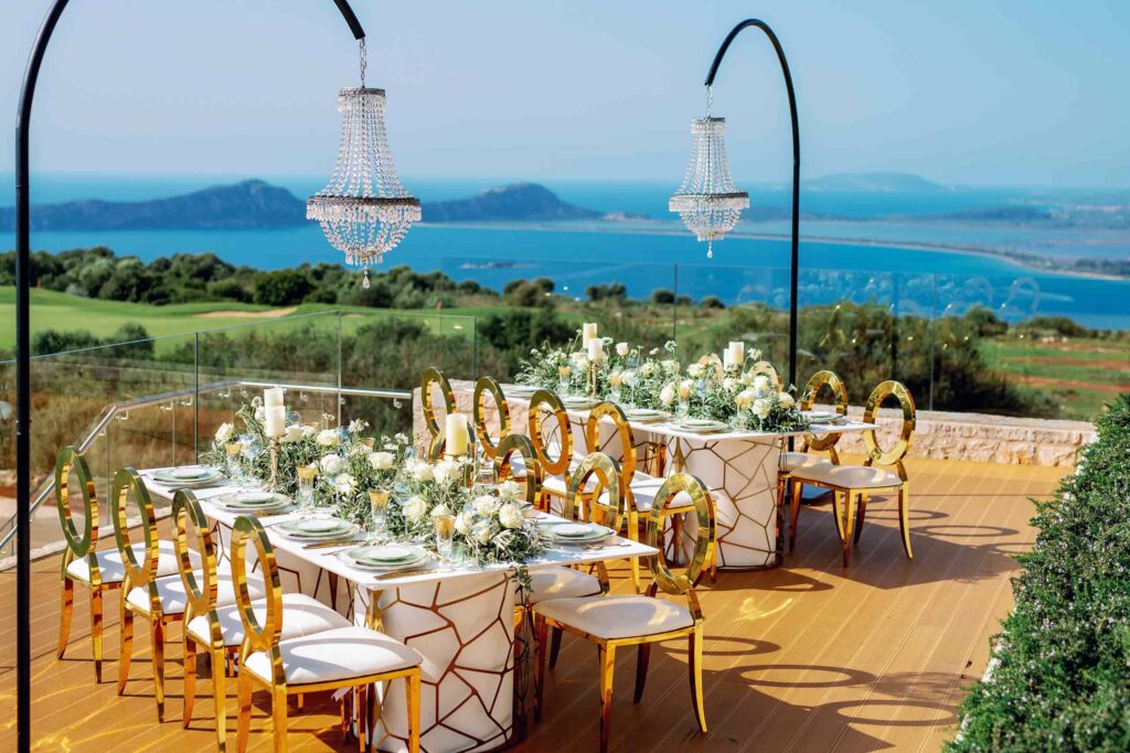 A wedding set-up at Navarino Hills, Costa Navarino, Greece