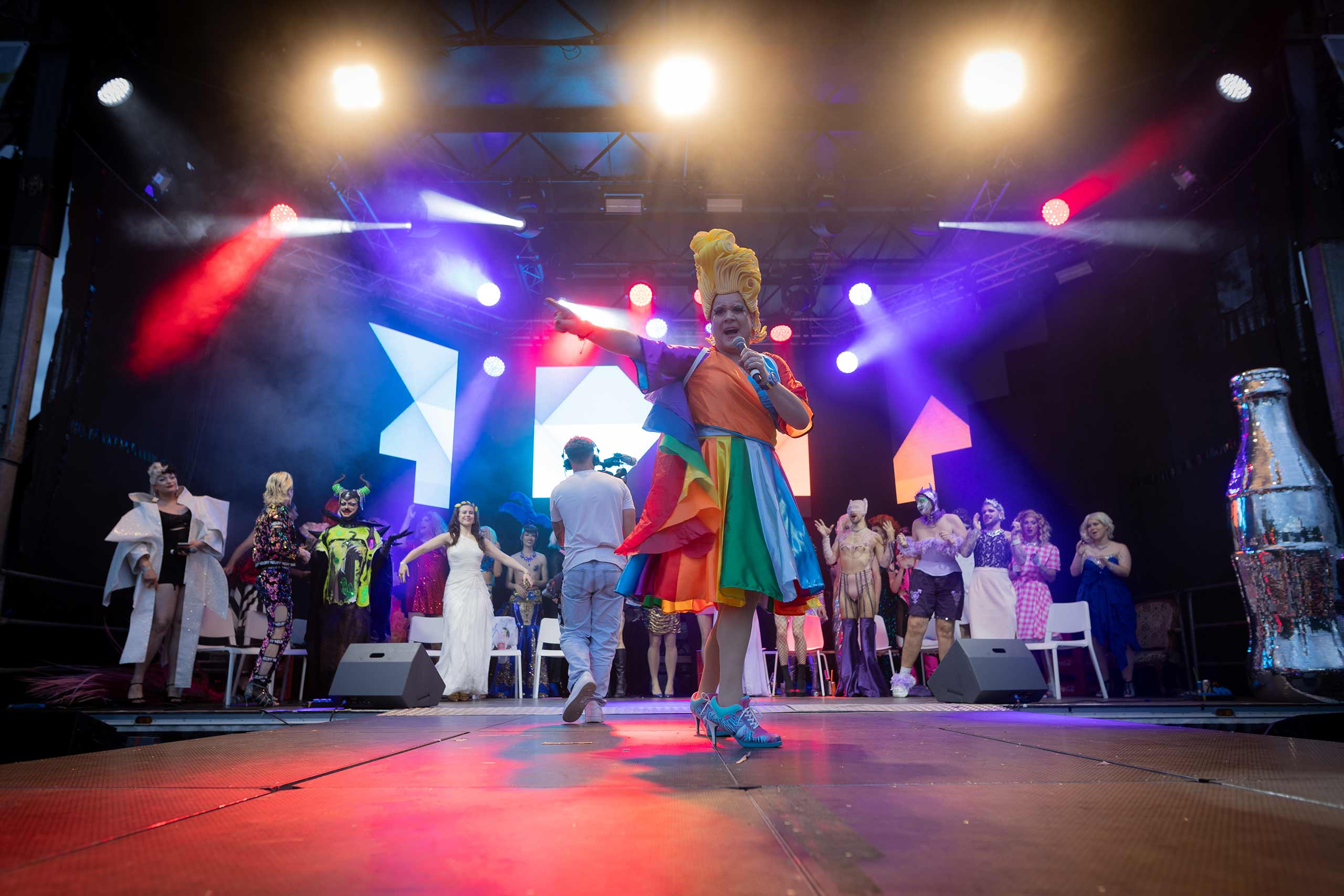 A drag performer on stage during Zurich Pride, Switzerland