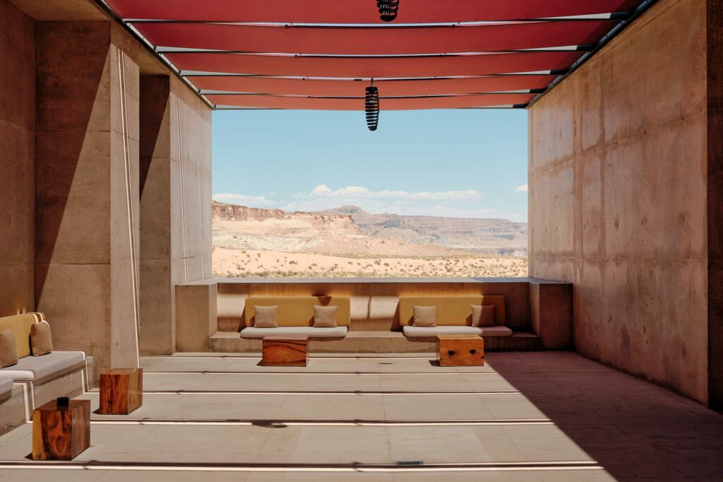 View of the desert from a corridor at Amangiri, Lake Powell, Utah, USA