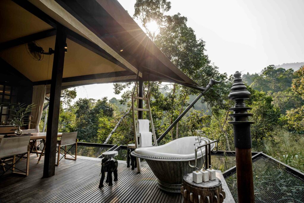 A bathtub at Bill Bensley's Cambodian resort in the Cardamom Forest