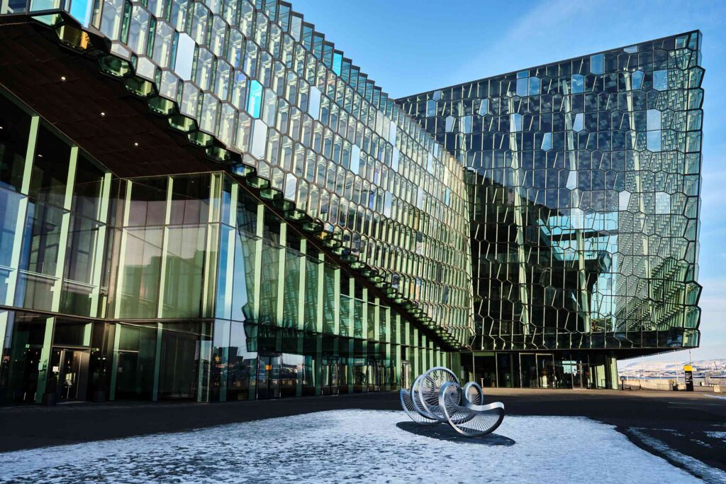 An architecturally interesting building in Reykjavik, shot on a Fujifilm X-S20 camera