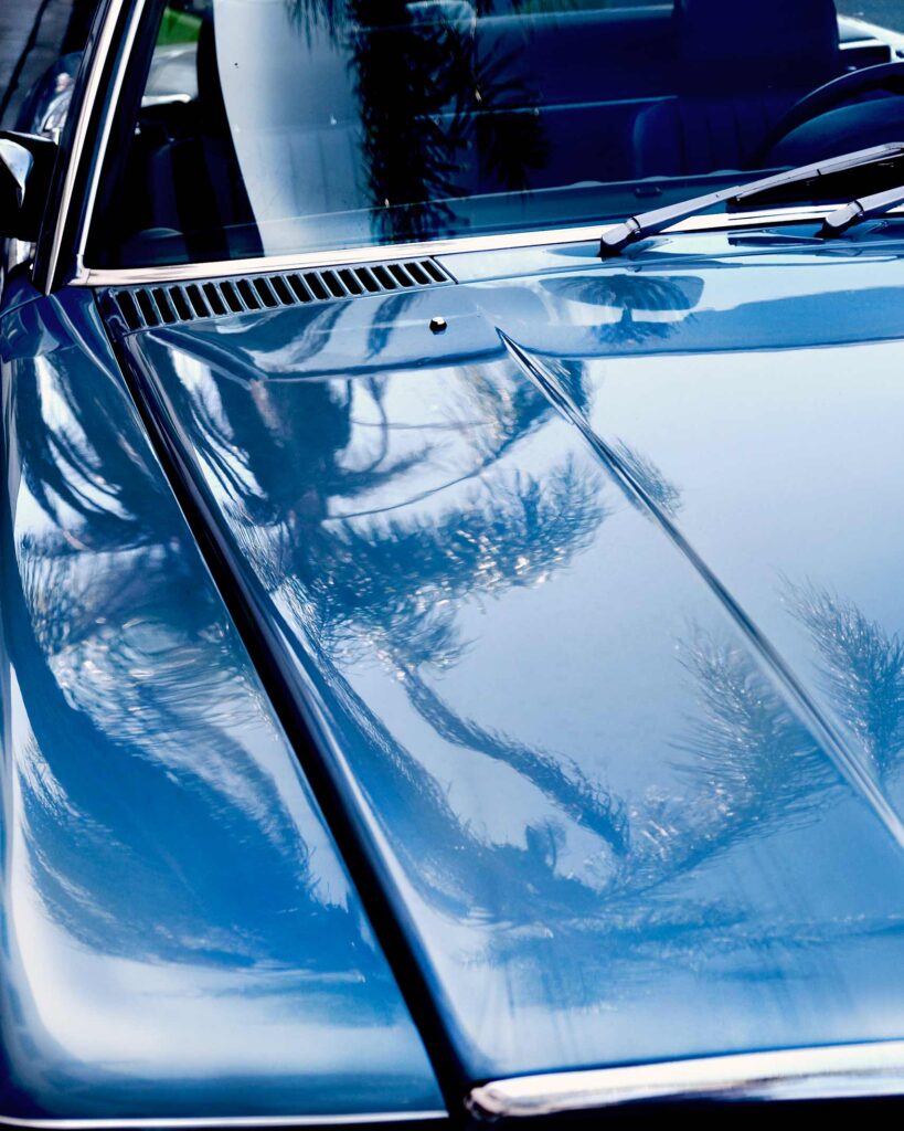 Shadows of palm trees reflected on a blue vintage car in Los Angeles, California