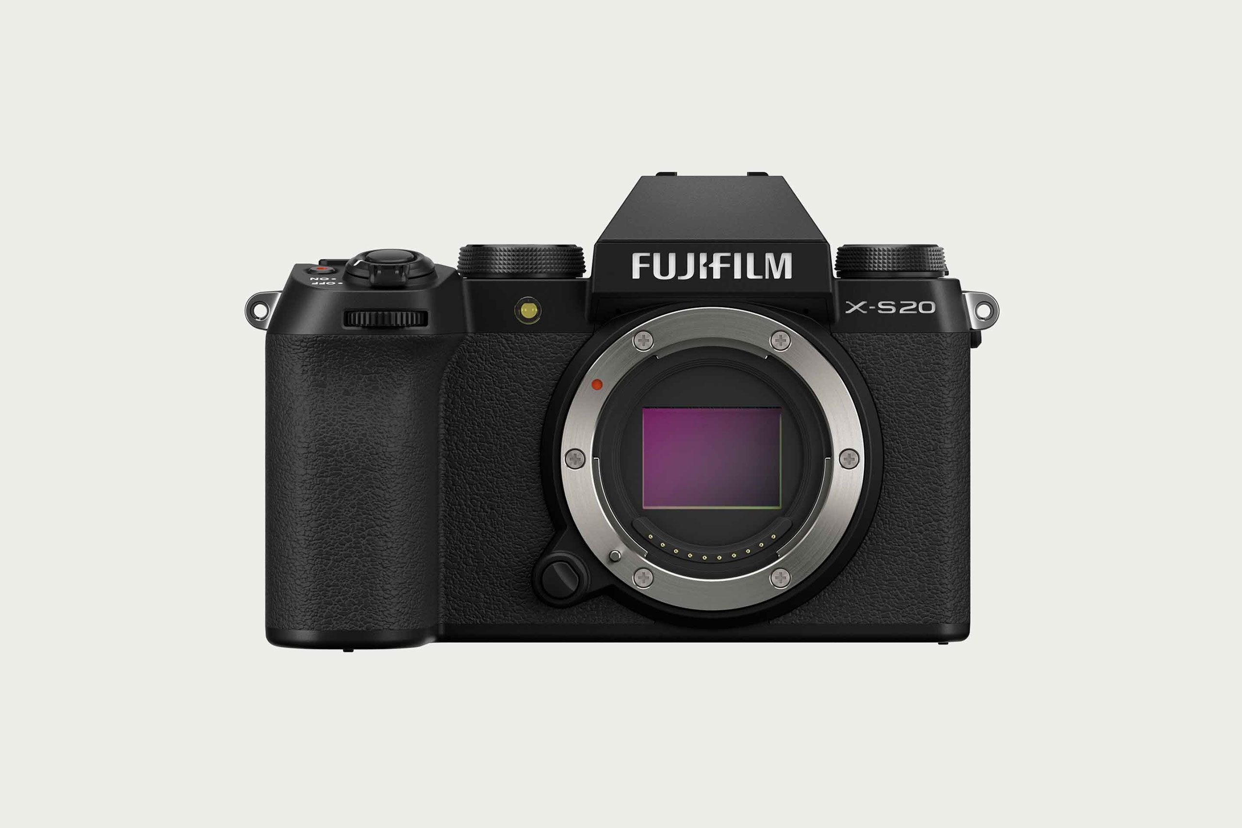 Front view of a Fujifilm X-S20 camera