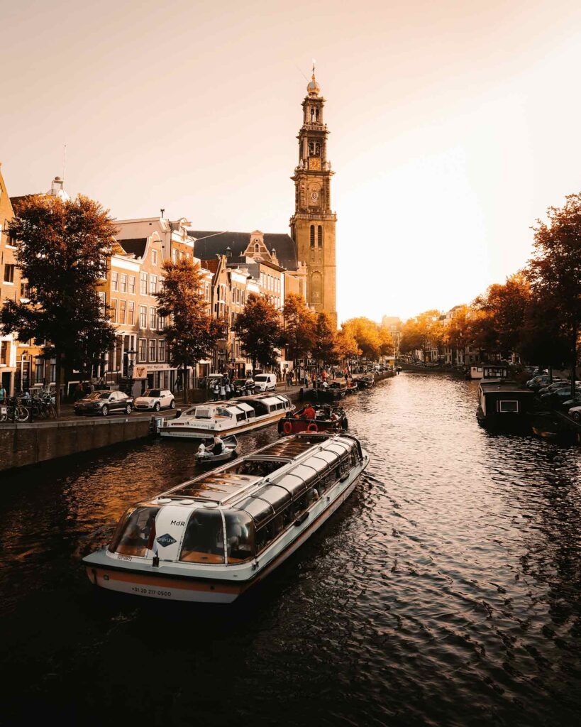 A boat on a canal in Amsterdam, The Netherlands