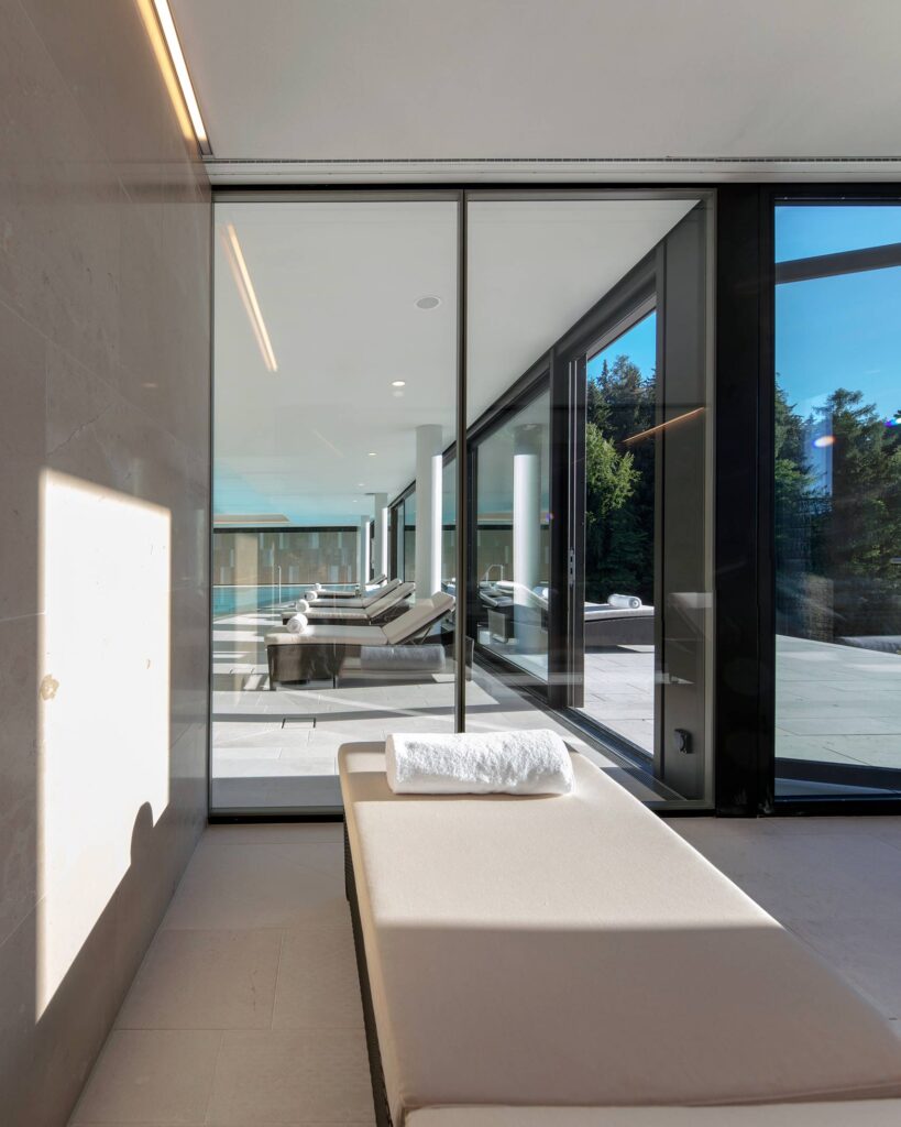 A lounger in the wellness area at Clinic Les Alpes, Montreux, Switzerland