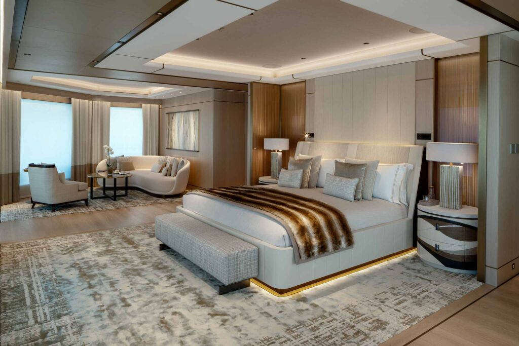 Bedroom aboard the Bannenberg & Rowell Renaissance, Monaco Yacht Show