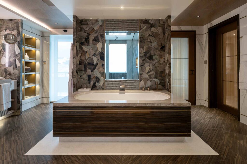 Bathroom aboard the Bannenberg & Rowell Renaissance, Monaco Yacht Show