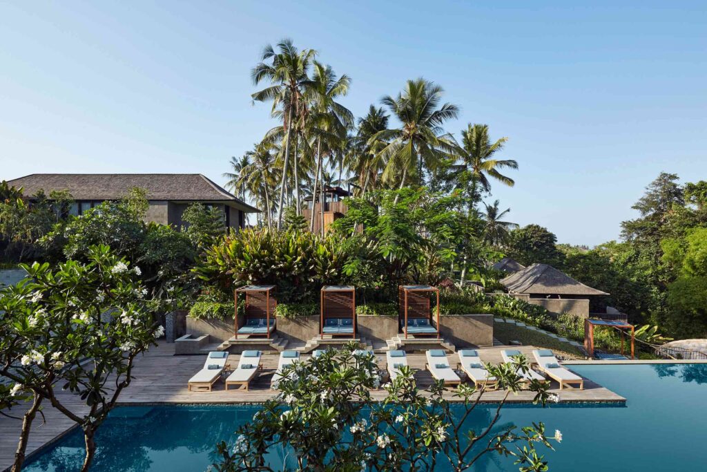 View over the main pool at Nirjhara, Tabanan, Bali, Indonesia