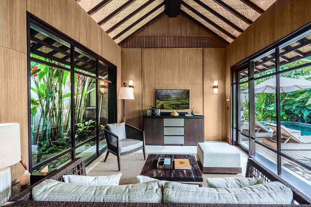 Interiors of a private villa at Nirjhara, Tabanan, Bali, Indonesia