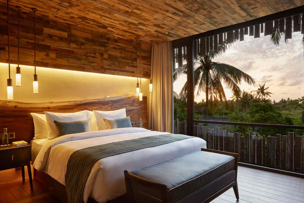 Bedroom of a Canopy Suite at Nirjhara, Tabanan, Bali, Indonesia