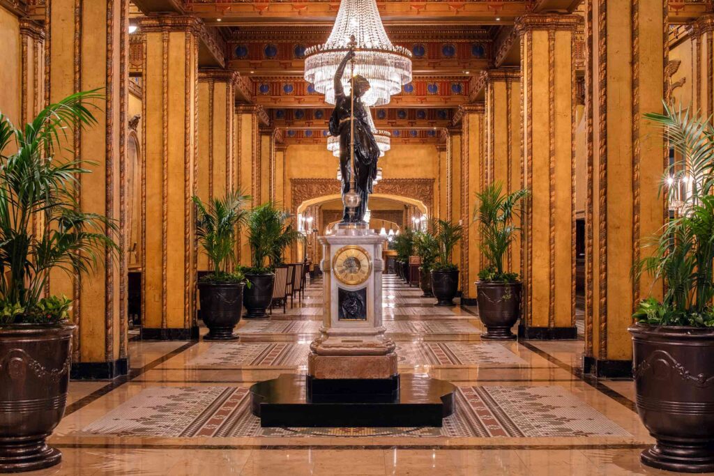 An elaborate clock in the lobby at the The Roosevelt New Orleans, A Waldorf Astoria Hotel, New Orleans, Louisiana, USA