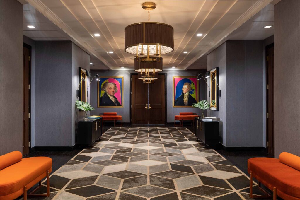 Hallway decked with artworks at the Kimpton Hotel Palomar Philadelphia, Philadelphia, Pennsylvania, USA