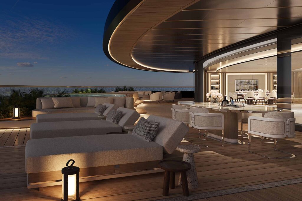 Rendering of loungers aboard Ulyssia residential cruise ship, an example of the future of luxury cruising