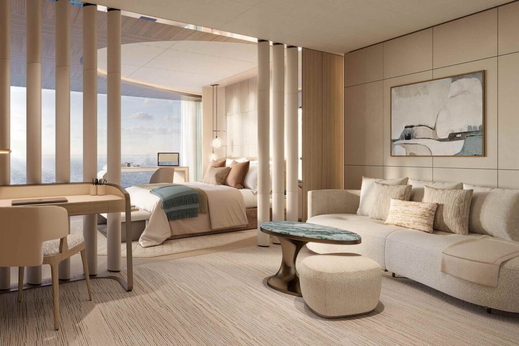 Rendering of a Suite aboard Ulyssia residential cruise ship, an example of the future of luxury cruising