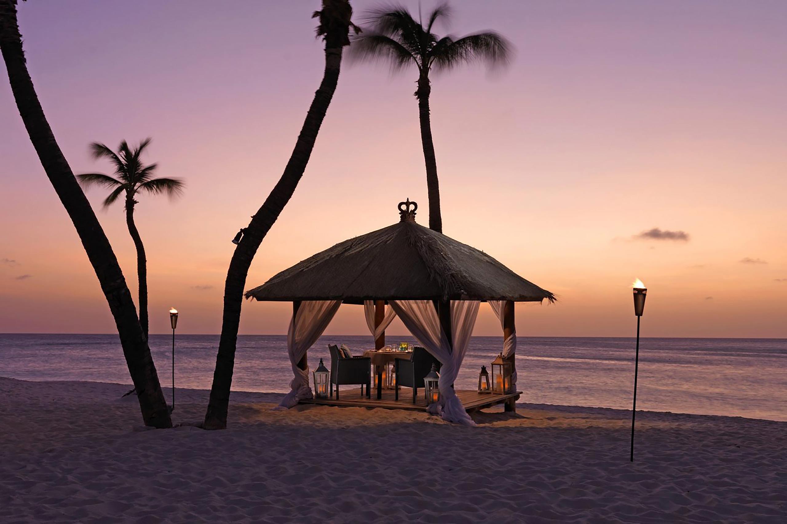 A palapa-style cabana on the beach at Bucuti & Tara Beach Resort, Eagle Beach, Aruba