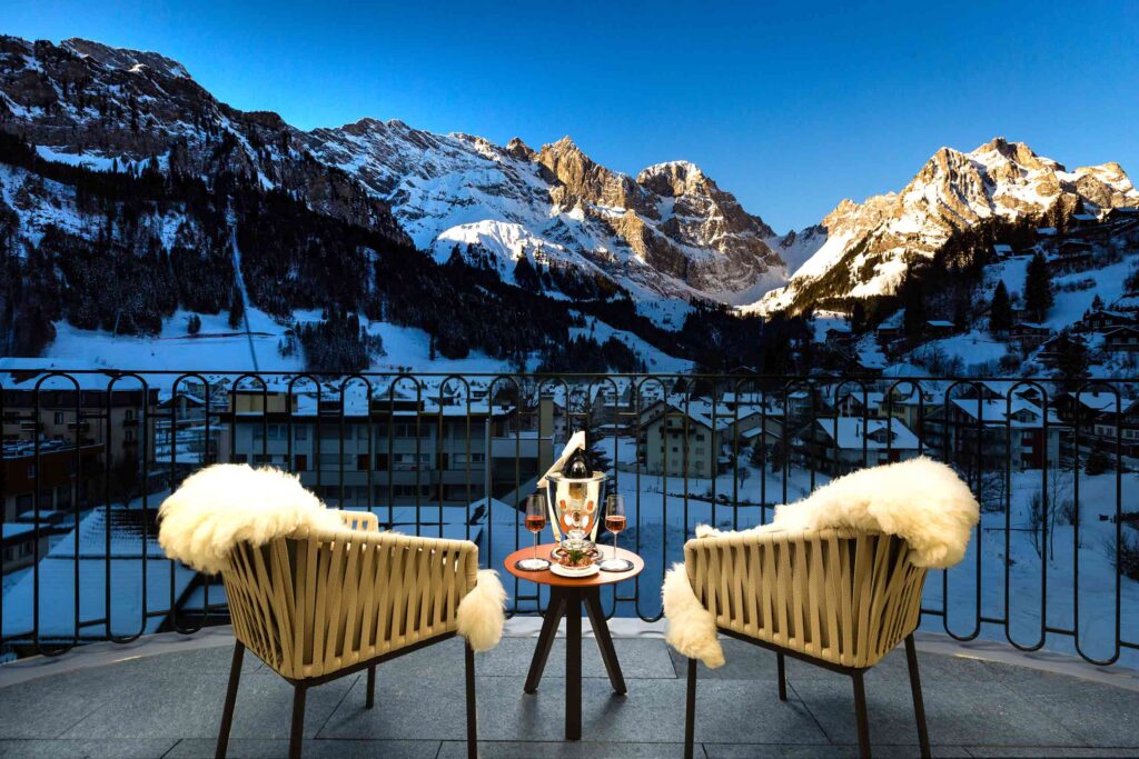 View over the Swiss Alps from a hotel room