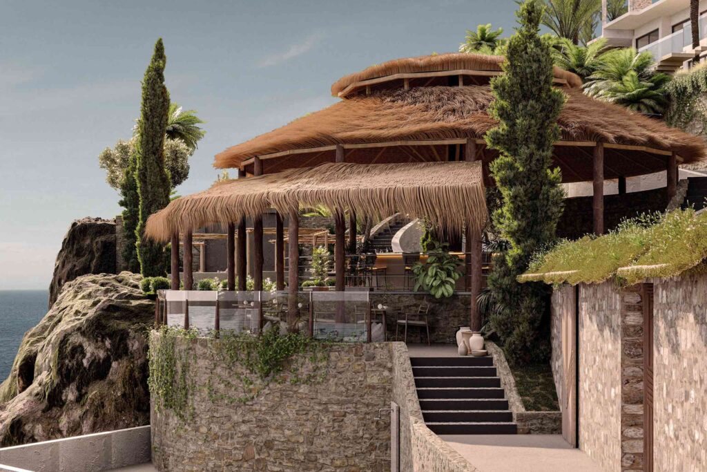 Rendering of a thatched pavilion at OKU Bodrum, Turkey