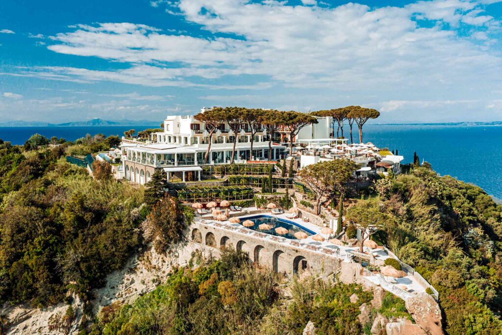 Aerial view of San Montano Resort & Spa, Ischia, Italy, an answer to the question of where to travel in 2025